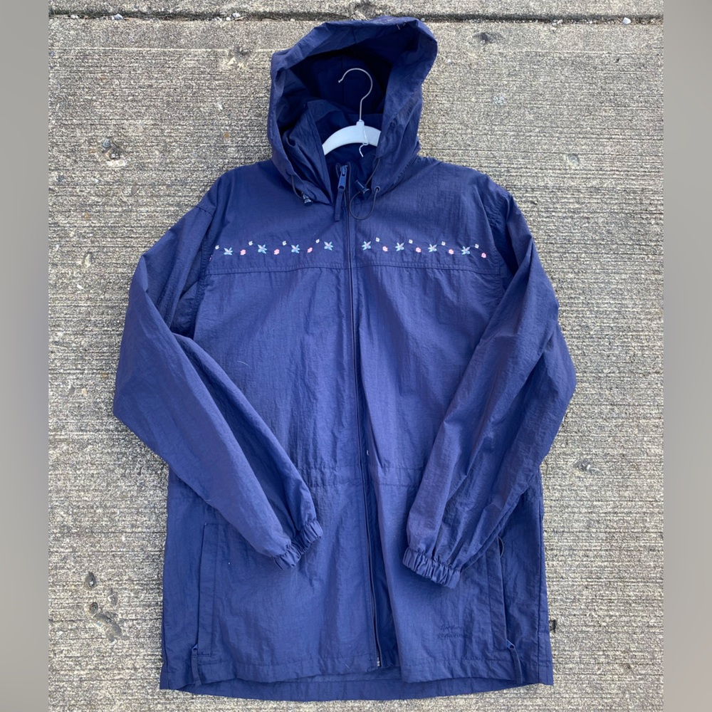 Vtg 80/90 Northern Reflections Blue Nylon Floral Embroidered Rain Utility Jacket